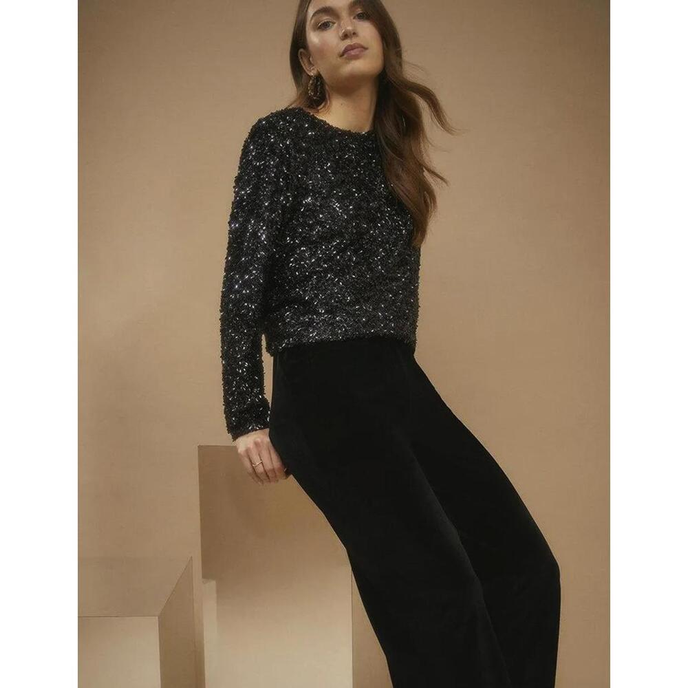 Oasis Black Textured Sparkled Sequin Long Sleeve Blouse - Size - XS
